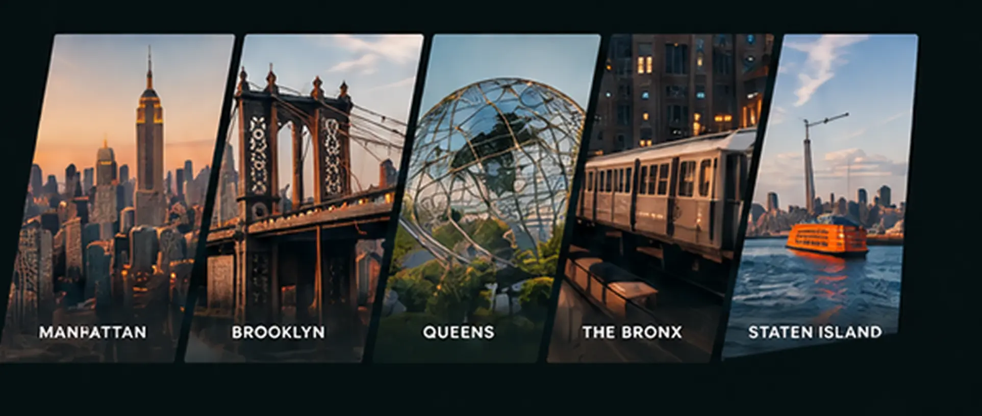 The five boroughs of New York City: Manhattan, Brooklyn, Queens, the Bronx, and Staten Island