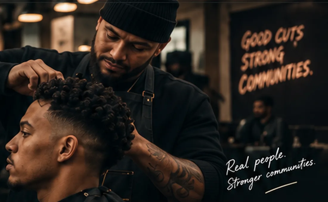 Barber working with a client in a neighborhood barbershop